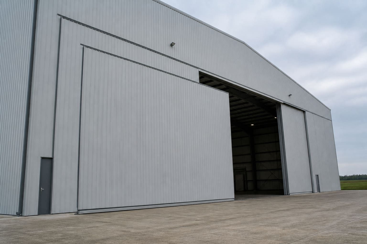 Wide steel hangar door partially open on a concrete apron