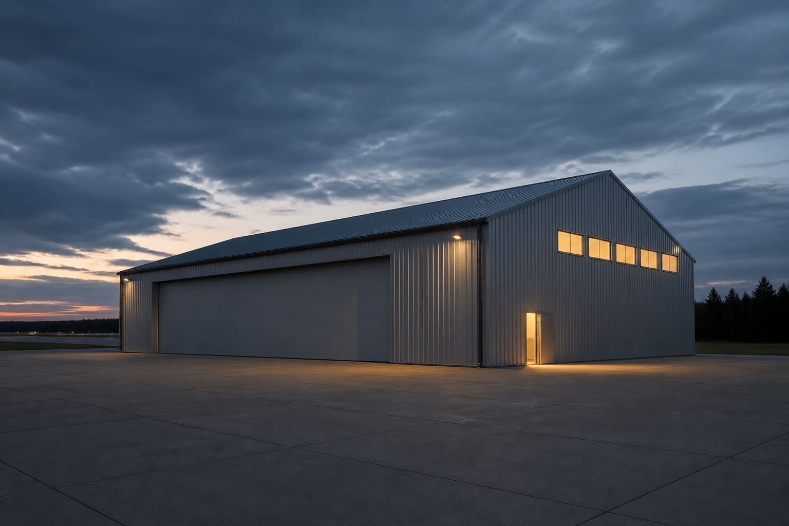 Steel aircraft hangar on an Ontario airfield at dusk