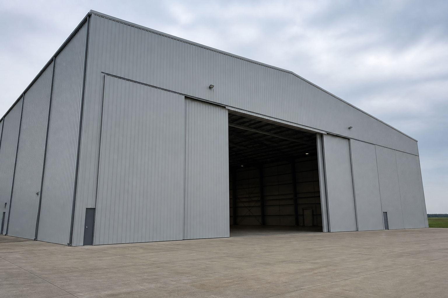 Steel aircraft hangar with open doors
