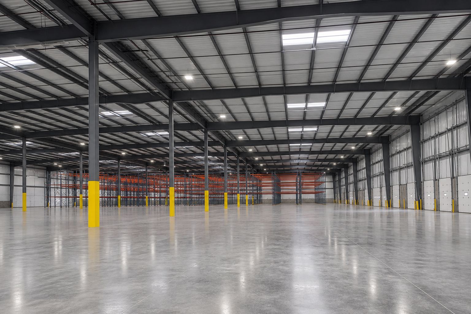 Clear-span steel warehouse interior with loading docks