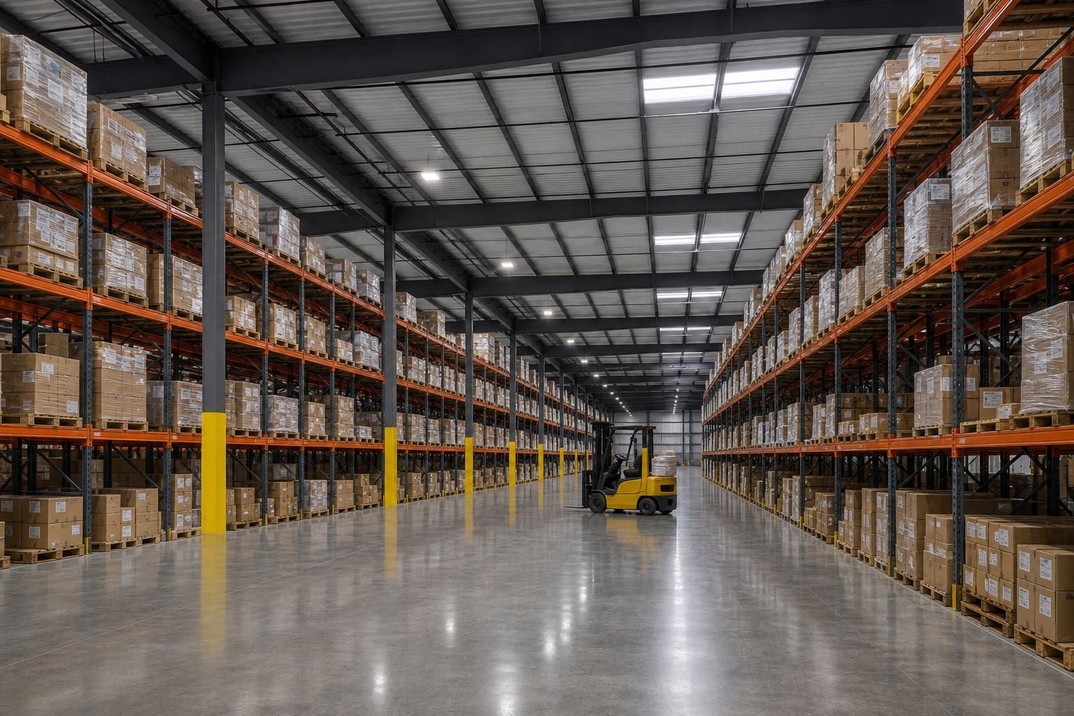 Pallet racking aisle inside a clear-span steel warehouse